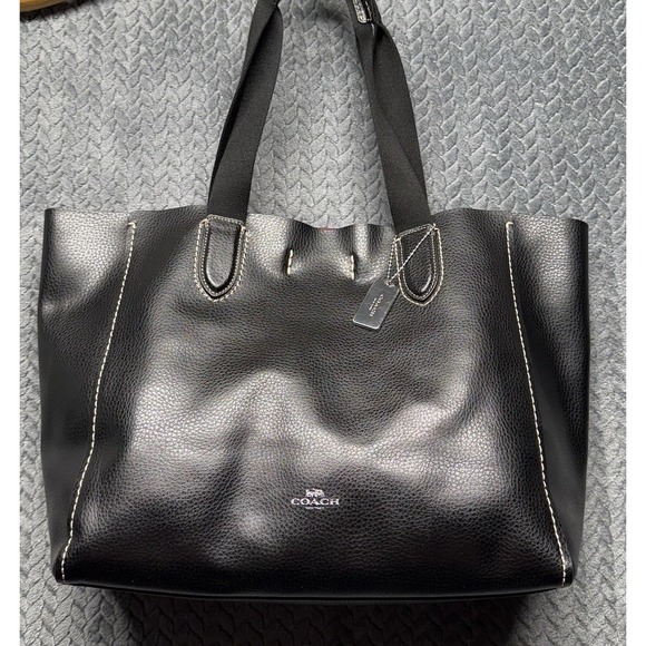 COACH Derby Tote Bag Black 58660 Soft Pebbled Leather Shoulder Bag Red Inside - Picture 1 of 13